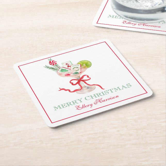 Watercolor Merry Mahjong Christmas Cocktail Party Square Paper Coaster (Angled)