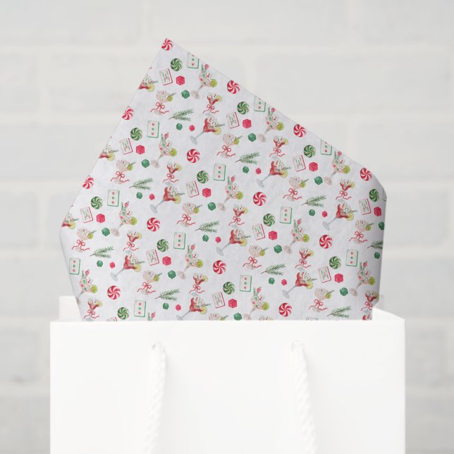 Watercolor Merry Mahjong Christmas Cocktail Party Tissue Paper (Gift Bag)