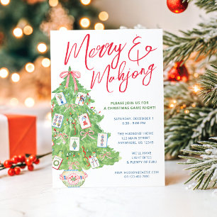Watercolor Merry & Mahjong Christmas Tree Party Invitation