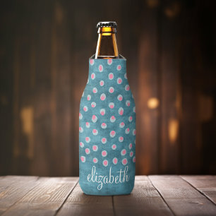 Watercolor Messy Polka Dots - blue and pink Bottle Cooler