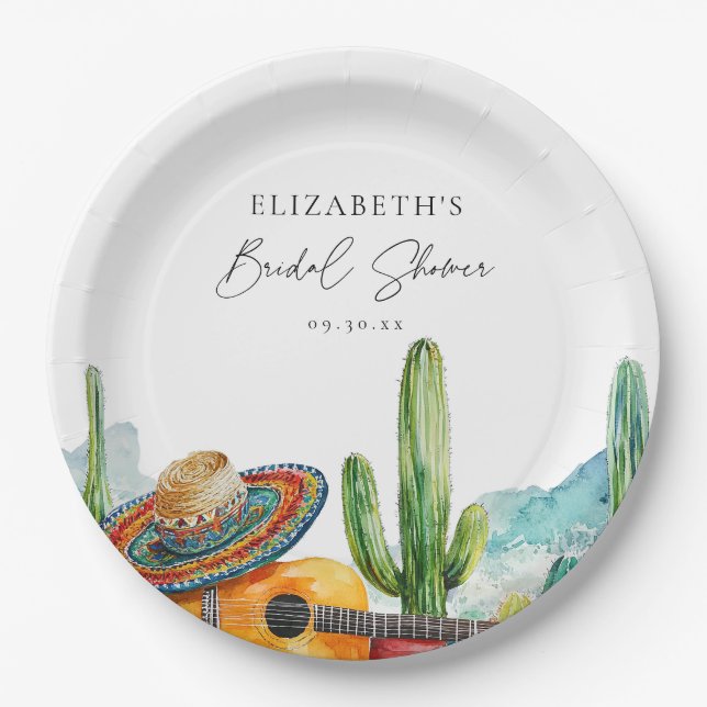 Watercolor Mexican Cactus Fiesta Bridal Shower Paper Plate (Front)