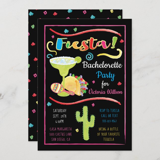Watercolor Mexican Fiesta Bachelorette Party Invitation (Front/Back)