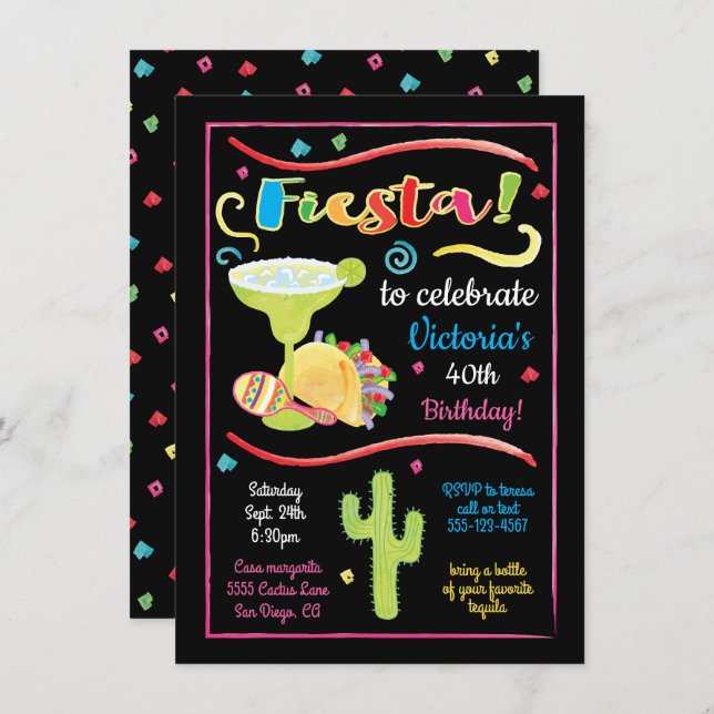 Watercolor Mexican Fiesta Birthday Invitation (Front/Back)