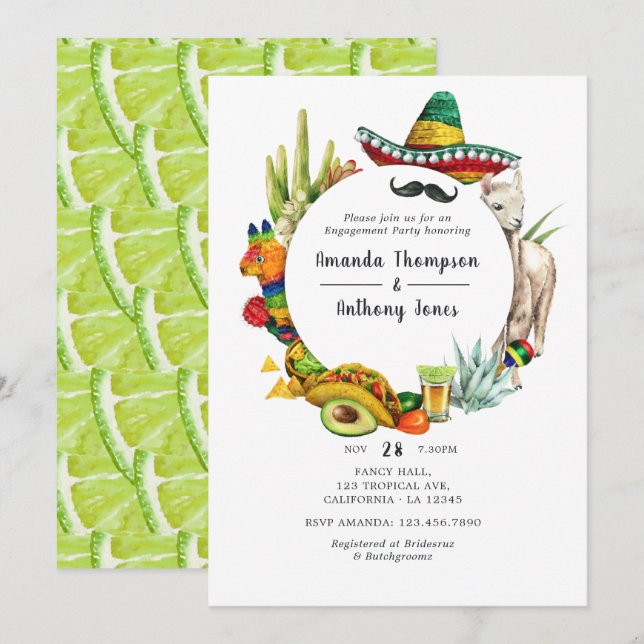 Watercolor Mexican Fiesta Engagement Party Invitation (Front/Back)