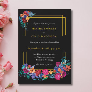 Watercolor Mexican Fiesta Flower Wedding Black Invitation