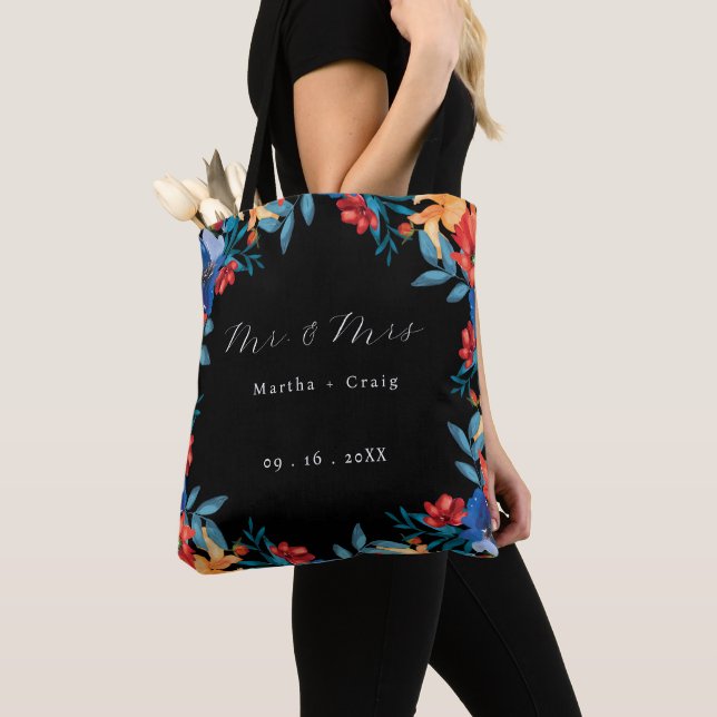 Watercolor Mexican Fiesta Flower Wedding Black Tote Bag (Close Up)