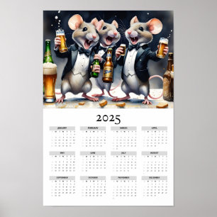 Watercolor Mice Toasting Tuxedo 2025 Wall Calendar Poster