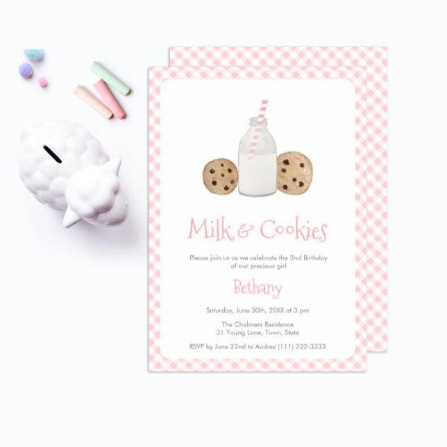 Watercolor Milk And Cookies Girl Birthday Party Invitation (Milk and cookies birthday birthday for girl with pink gingham plaid trim and matching backer)