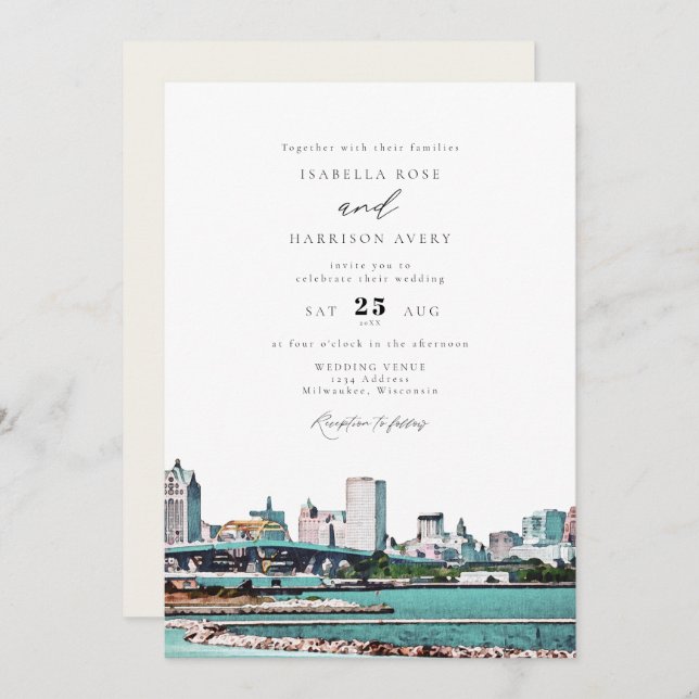 Watercolor Milwaukee Wisconsin Skyline Wedding Invitation (Front/Back)