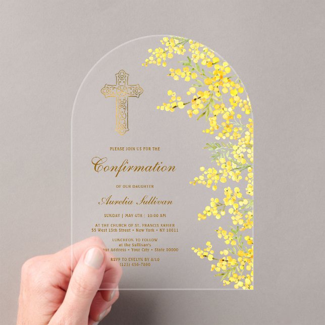 Watercolor Mimosa Arch Confirmation Acrylic Invitations (Insitu (Handheld))
