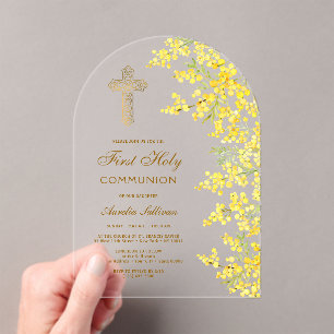 Watercolor Mimosa Arch First Communion Acrylic Invitations