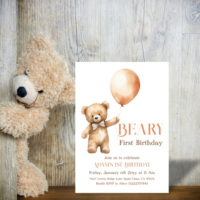 Watercolor Minimalist Beige Beary First Birthday Invitation (Creator Uploaded)