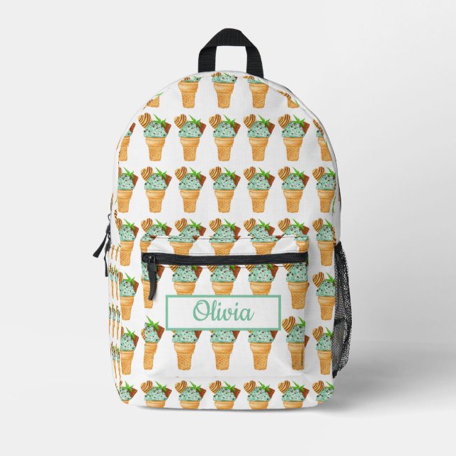Watercolor Mint Chocolate Ice Cream Personalized Printed Backpack (Front)