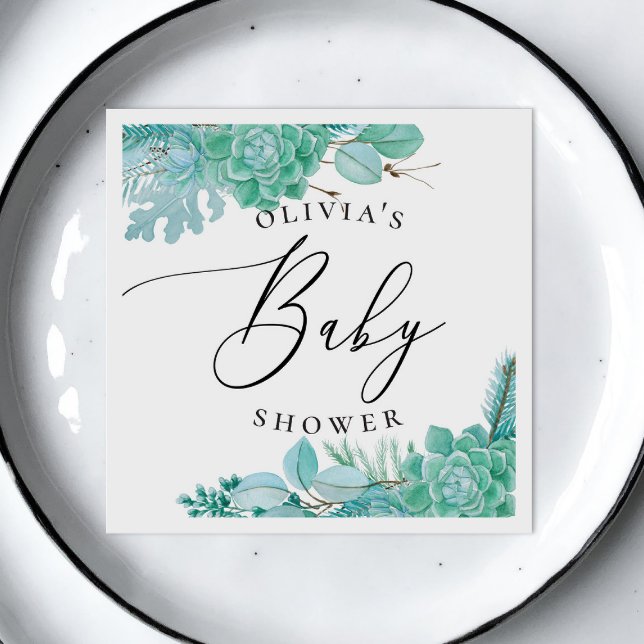 Watercolor mint floral succulents baby shower napkin (Creator Uploaded)