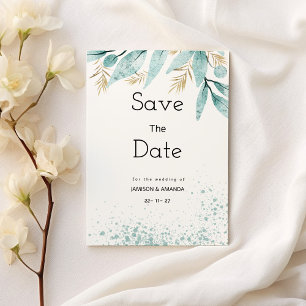 Watercolor mint green gold foliage Save The Date Invitation