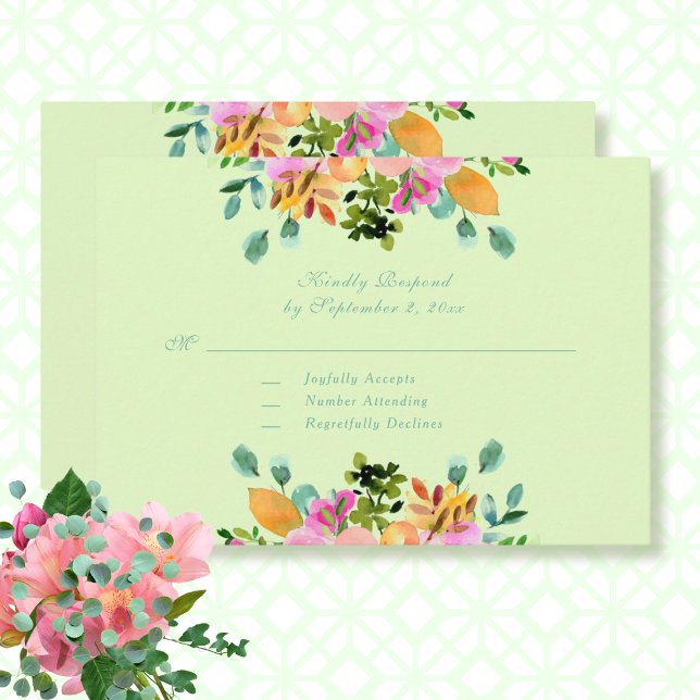 Watercolor Mint Green Pink Floral Wedding RSVP (Creator Uploaded)