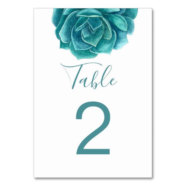 Watercolor mint succulent. Teal cactus wedding Table Number (Front)