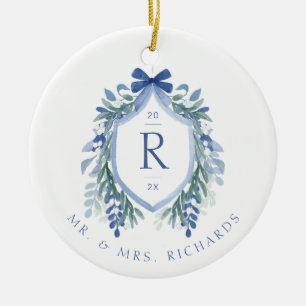 Watercolor Mistletoe Crest Monogram Ornament