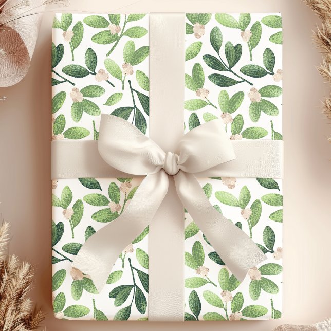 Watercolor Mistletoe Elegant Green Floral Holiday Wrapping Paper (Creator Uploaded)