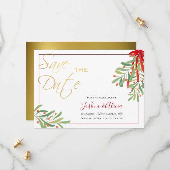 Watercolor Mistletoe & Gold | Holiday Wedding Save The Date (Front/Back In Situ)