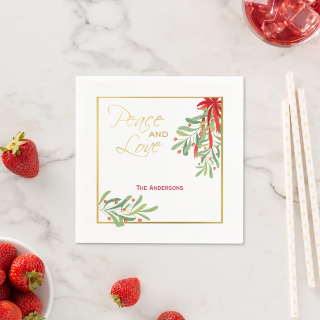 Watercolor Mistletoe & Gold | Personalized Holiday Napkin (Insitu)