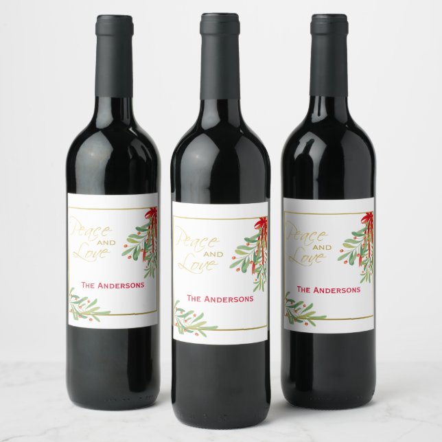Watercolor Mistletoe & Gold | Personalized Holiday Wine Label (Bottles)