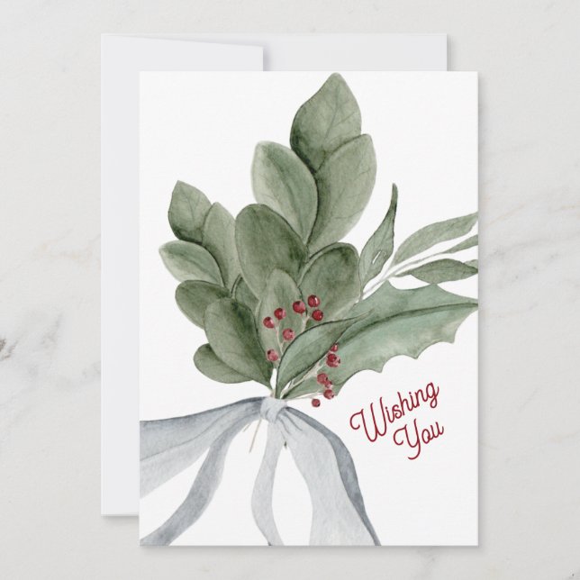 Watercolor Mistletoe Greenery Personalized Holiday Card (Front)