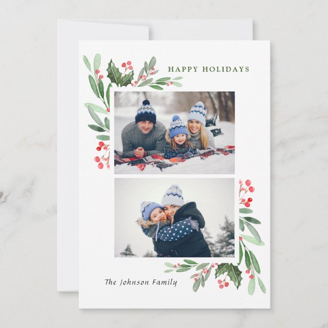 Watercolor Mistletoe Holly Berry Christmas 2 PHOTO Holiday Card (Front)