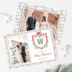 Watercolor Mistletoe Monogram Crest Holiday Card