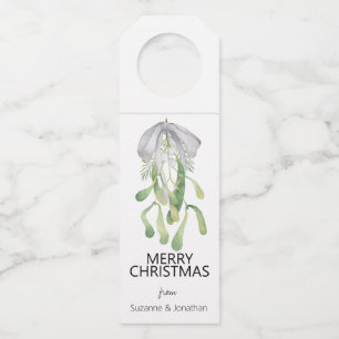 Watercolor Mistletoe Ribbon Leaves Christmas Bottle Tag