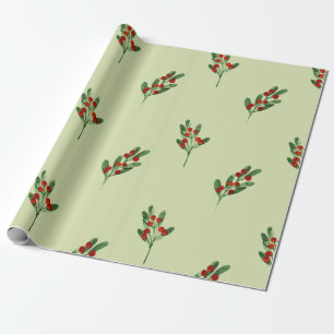 Watercolor Mistletoe with Red Berries Christmas Wrapping Paper