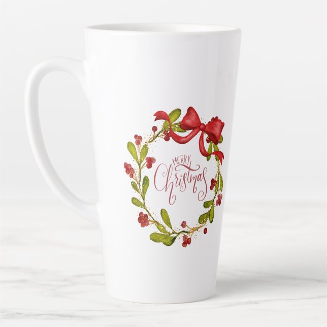 Watercolor Mistletoe Wreath with Bow Latte Mug (Left)