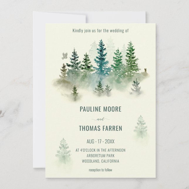 Watercolor Misty Forest Retro Rustic Wedding Invitation (Front)