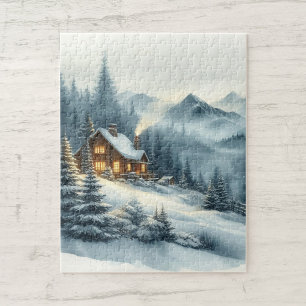 Watercolor Misty Mountains Cabin Winter Landscape Jigsaw Puzzle
