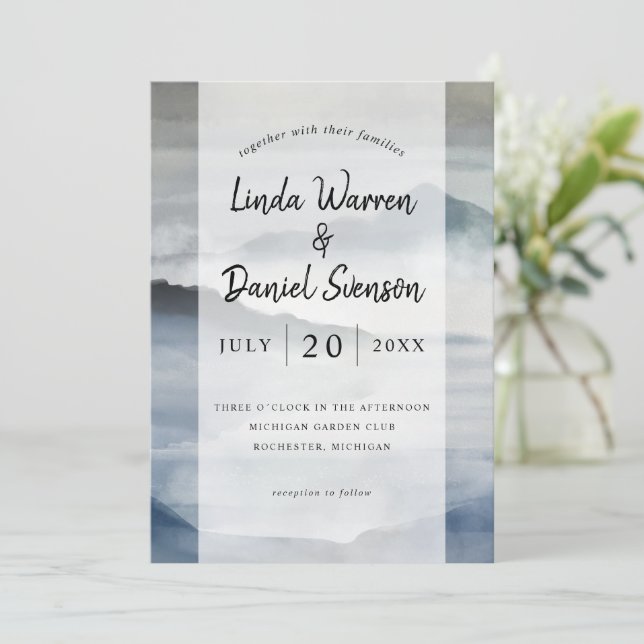 Watercolor Misty mountains indigo blue wedding Inv Invitation (Standing Front)