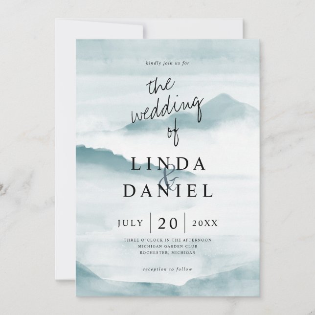 Watercolor Misty teal mountains wedding invite (Front)