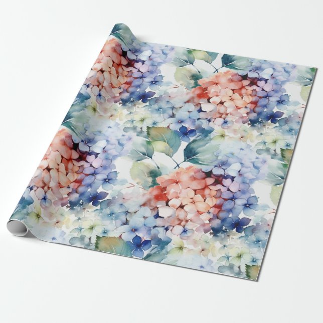 Watercolor Mixed Colour Hydrangea Flowers  Wrapping Paper (Unrolled)