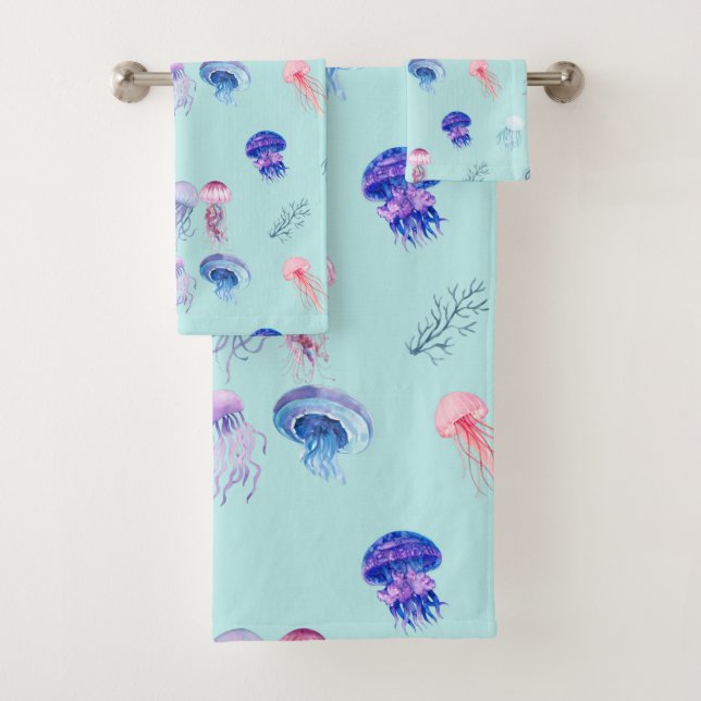 Watercolor Mixed Colourful Jellyfish Blue Bath Towel Set (Insitu)