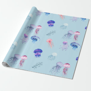 Watercolor Mixed Colourful Jellyfish Blue Wrapping Paper