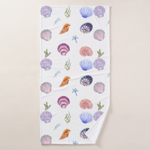 Watercolor Mixed Colourful Seashells Bath Towel