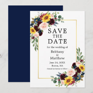 Watercolor Mixed Floral Blue Gold Elegant Save The Date