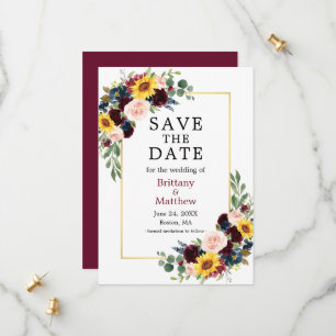 Watercolor Mixed Floral Gold Burgundy Elegant Save The Date