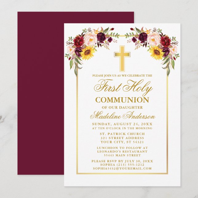 Watercolor Mixed Floral Gold First Communion Invitation (Front/Back)
