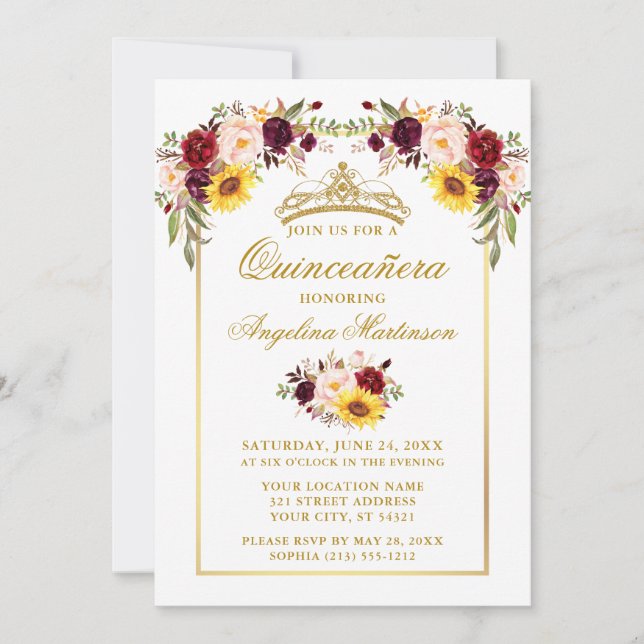 Watercolor Mixed Floral Gold Frame Quinceanera Invitation (Front)