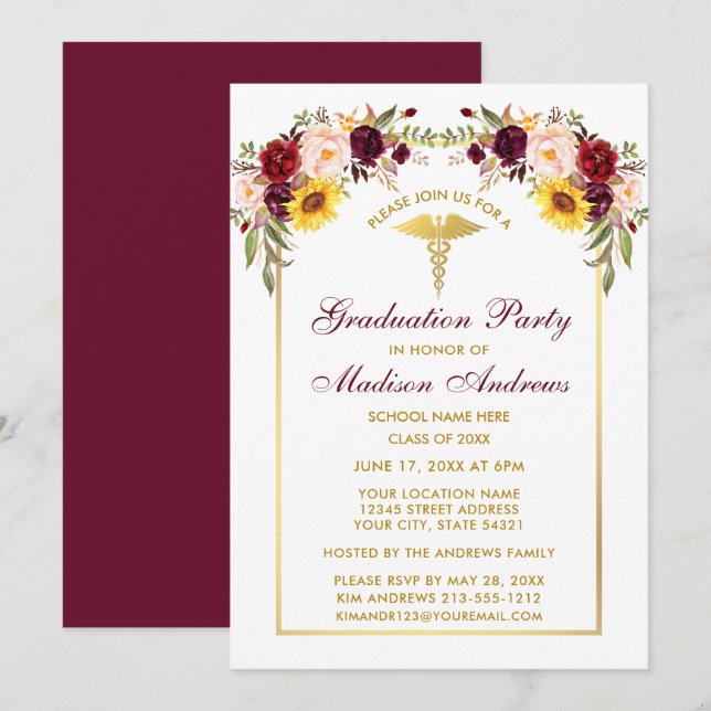 Watercolor Mixed Floral Gold Medical Grad Party Invitation (Front/Back)