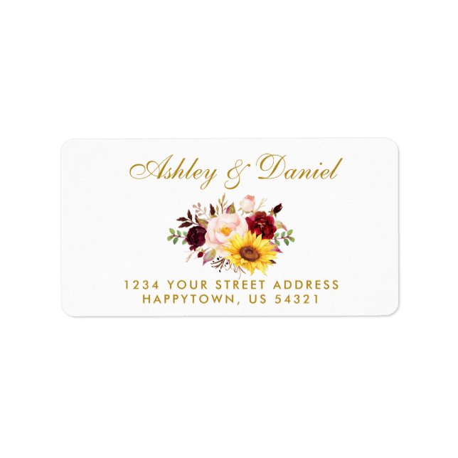Watercolor Mixed Floral Gold Wedding Address Label (Front)