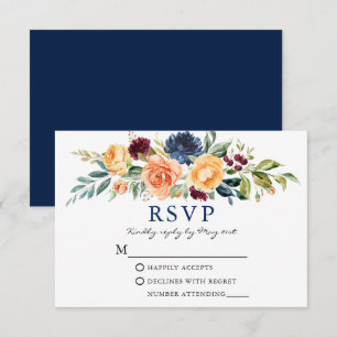 Watercolor Mixed Floral Greenery Blue Wedding RSVP Card