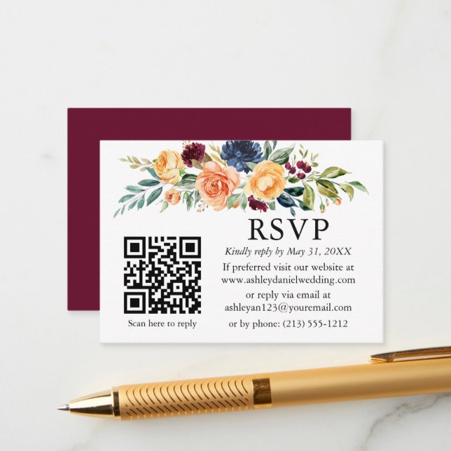 Watercolor Mixed Floral QR Wedding RSVP Enclosure Card (Front/Back In Situ)