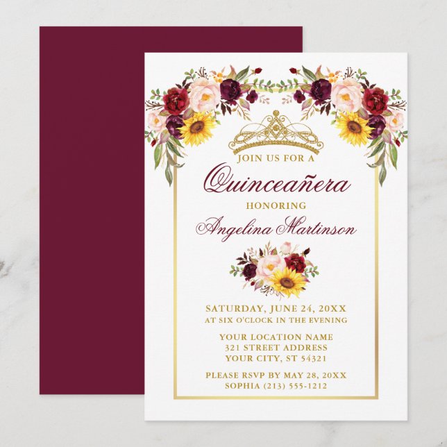 Watercolor Mixed Floral Quinceanera Gold Frame Invitation (Front/Back)