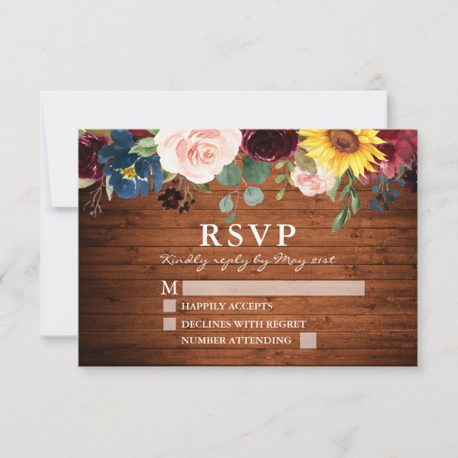 Watercolor Mixed Floral Rustic Wood Wedding RSVP Card (Front)